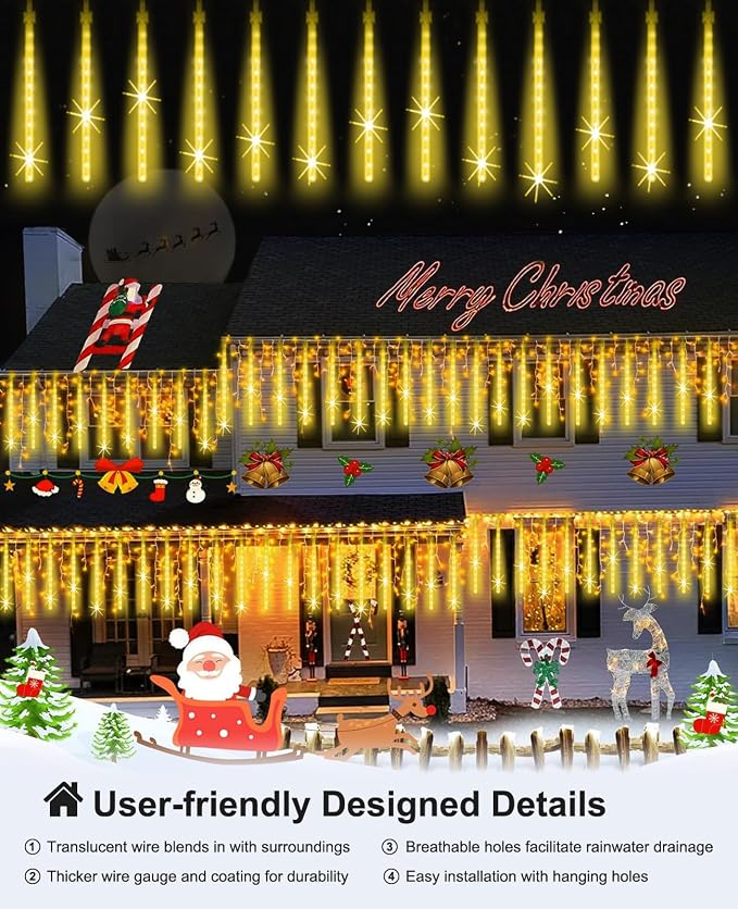 Outdoor Christmas Lights 16 Inch 20 Tubes Meteor Shower, Warm White | Falling Rain Drop Icicle String Lights, Cascading Snow Effect Waterproof Xmas Decor for Tree Wedding Party Garden Holiday