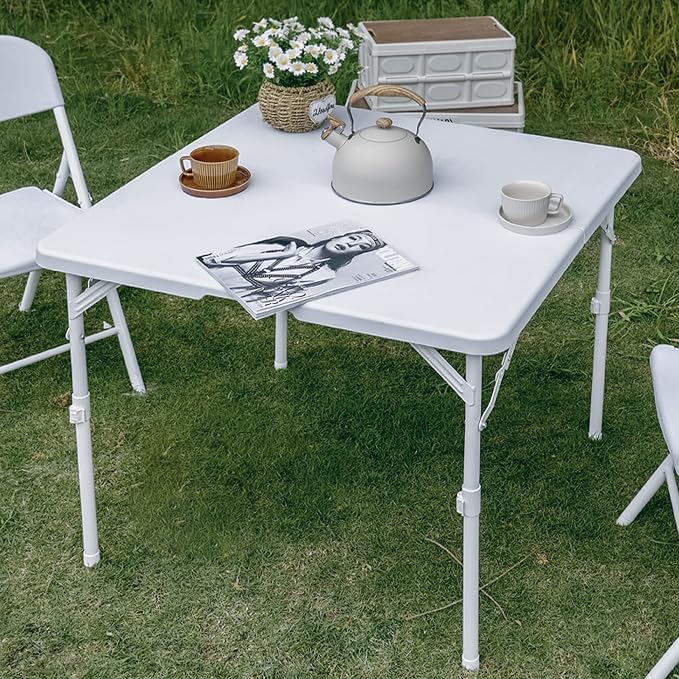 Allpop 34'' Square Folding Card Table, Fold-in-Half Portable Plastic Dining Table with Carry Handle & 2 Heights for Picnic Party Commercial Events, White