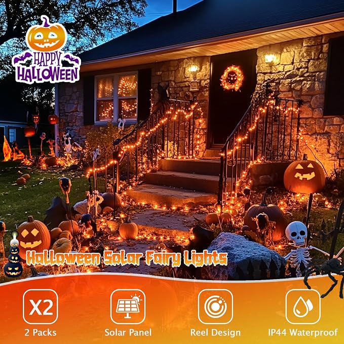 JMEXSUSS 4 Pack Solar Halloween Lights, 33FT 100 LED Orange Fairy Lights | Outdoor Waterproof, 8 Modes Copper Wire Solar String Lights for Outside Garden Yard Patio Tree Halloween Decoratios