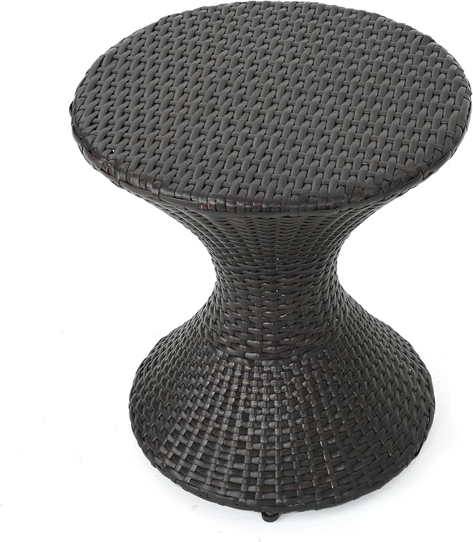 Hourglass Side Table with No Assembly, 16" Outdoor Wicker End Table, Hand-Woven PE Rattan Accent Table for Patio Backyard Balcony Deck, 120 lbs Capacity, Brown