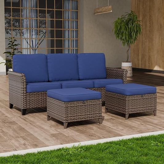 COOS BAY Harbor Retreat 3 Piece Outdoor Furniture Set, Patio Conversation Set with 3 Seat Couch and Ottomans, Wicker Furniture, Brown/Blue