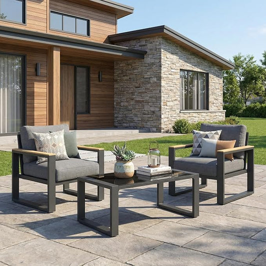 RoyalCraft Aluminum Outdoor Patio Furniture Set with Height-Adjustable Footrest, 3 Pieces All-Weather Patio Sofa Sets with Coffee Table for Porch Backyard Garden Patio, Grey