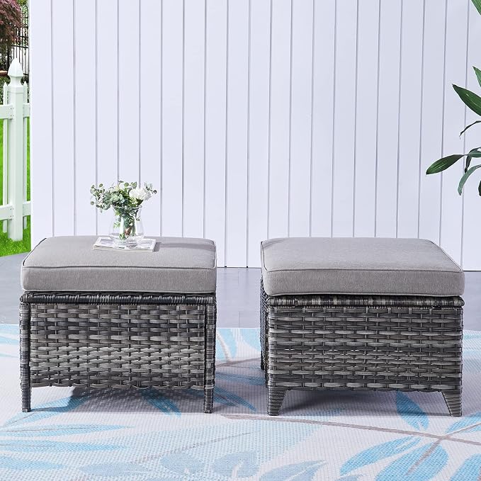 Rilyson Luxury Outdoor Wicker Patio Ottomans Set of 2, 250 lbs Capacity Rattan Large Ottomans for Patio Footrest Set 22.8in*22.8in*14in with 3.5in Thick Cushion (Mixed Grey/Grey)