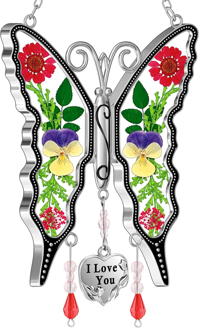 KY&BOSAM Butterfly Glass Pressed Flower Suncatchers Window Hanging | I Love You Charm Sun Catchers Wind Chime Ornament,Dried Flowers and Metal, Mothers Day Gifts for Mom Birthday Christmas