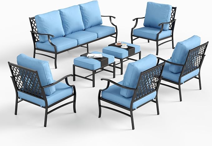 SUNSHINE VALLEY 7 Piece Metal Outdoor Patio Furniture Set, Patio Conversation Sets 1 3-seater Sofa, 4 Fixed Chair, 2 Ottomans with 5.75" Thick Cushion, Black All-weather Frame Backyard Furniture, Blue