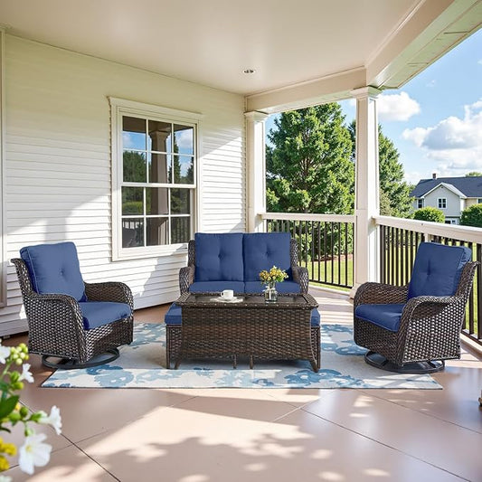 Belord 6 Piece Wicker Patio Furniture Set, Outdoor Swivel Rocker Chairs Set of 2 with Ottomans and Loveseat, All Weather Patio Conversation Furniture Set, for Pool,Yard,SunroomBrown Wicker/Blue