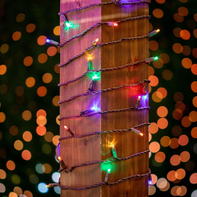 Novelty Lights 50ft 100 LED Multicolor Christmas String Lights, Brown Wire