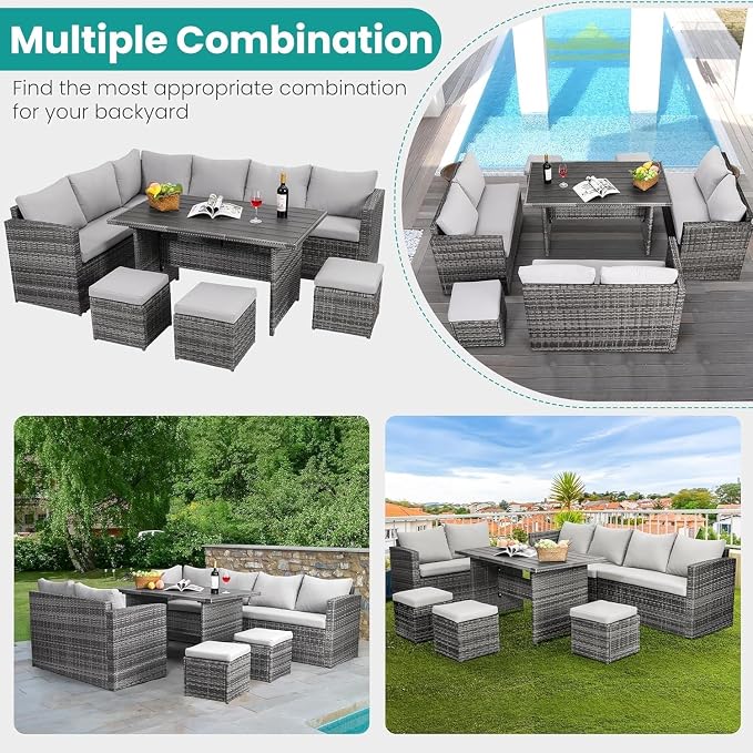 7-Piece Outdoor Patio Furniture Set with Dining Table, Chairs, and Ottoman, Brown Wicker Rattan Conversation Set with Ivory Cushions, All-Weather Patio Furniture for Garden, Porch, Backyard Lounging(B