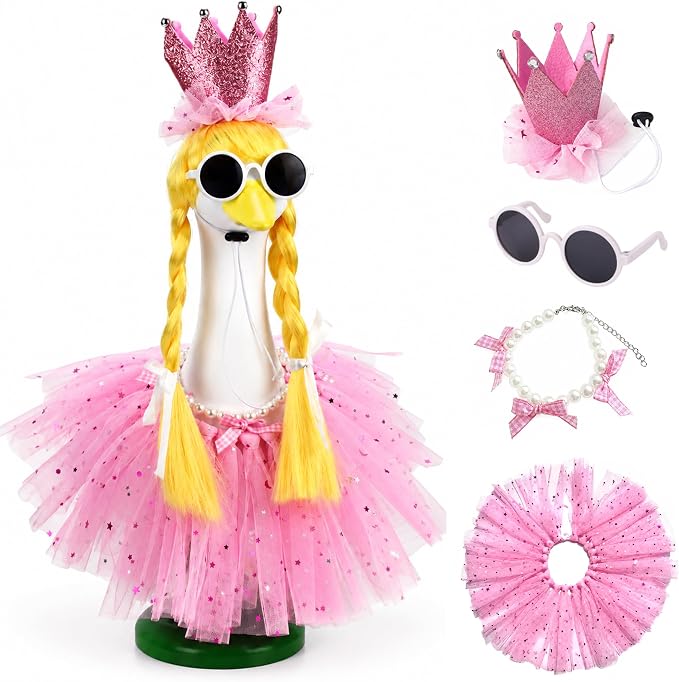 Porch Goose Fairy Outfit 4 Pieces Summer Porch Goose Outfit with Braided Yellow Wig Pink Tutu Skirt Fairy-Tale Princess Style Decor for Lawn Goose Statues