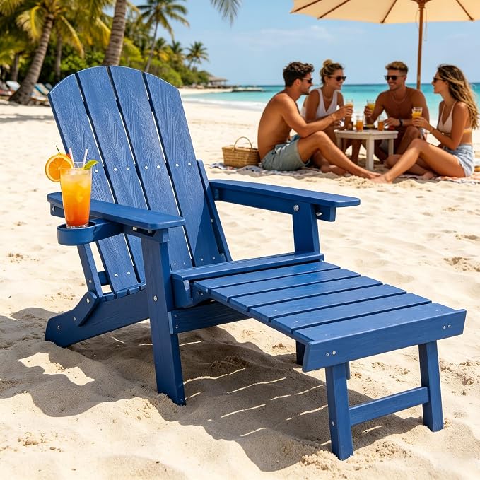 Outdoor Foldable Adirondack Chair with footrest,Patio Recliner,3-Level Adjustable Backrest,Hidden Ottoman,Ergonomic Design,Ideal for Patio,Camping, Pool Use.(Blue)