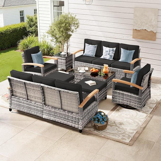 MEISSALIVVE 8 Pieces Patio Furniture Sets,Wicker Patio Conversation Sets with 2 Wood Armrests Swivel Glide Chairs, Outdoor Conversation Set for Deck Yard and Poolside (Black)