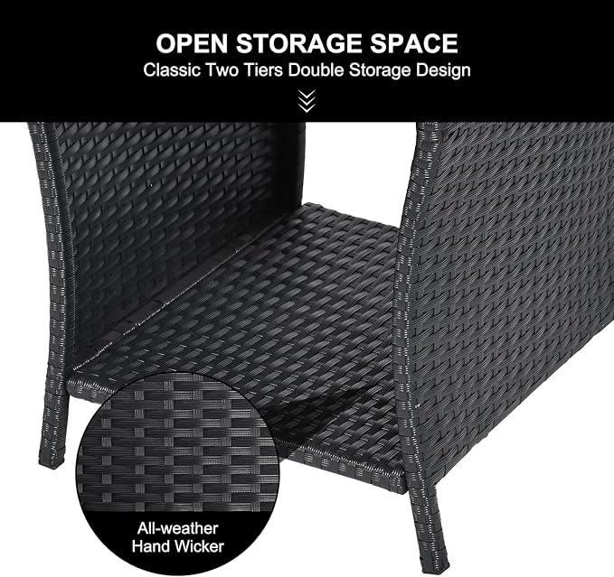 Outdoor Side Table Small Outdoor End Table for Patio Black Wicker Rattan Coffee Table with Storage & Poly Lumber Table Top Square for Outside Balcony Porch Backyard Deck