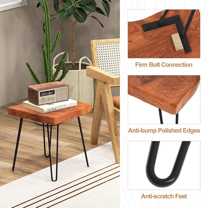 Giantex Teak Wood End Table, Solid Live Edge Outdoor Side Table w/Natural Grain & Heavy-Duty Metal Legs, Rustic Plant Stand for Living Room Patio Balcony, 16" x 16" x 18" (1, Square)