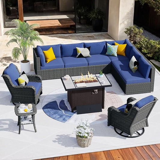 HOOOWOOO Outdoor Patio Furniture Set with Fire Pit 10 Pieces Patio Set with Fire Pit Wicker Outdoor Furniture with Fire Pit Table Set Patio Conversation Set with Swivel Chairs,Denim Blue