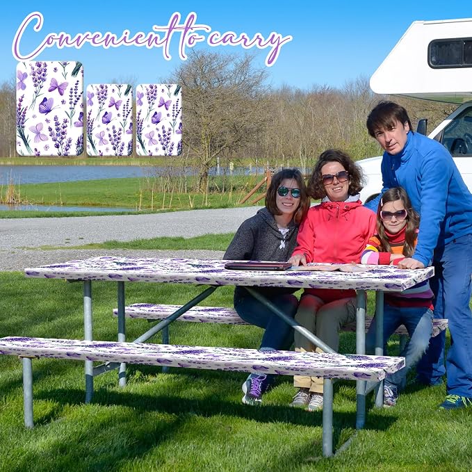 Boao 3 Pcs Vinyl Picnic Table Cover with Bench Cover 6 ft 30 x 72 Inch Waterproof Fitted Tablecloth Flannel Backing Rectangular Elastic Edged for Camping Outdoor Patio Travel(Lavender)
