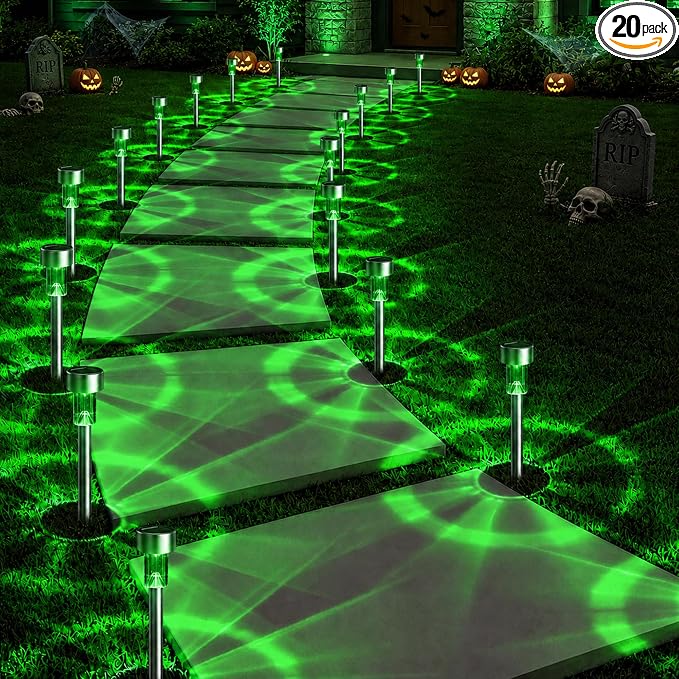GIGALUMI Green Solar Pathway Lights, 20-Pack Outdoor Halloween Decor | Waterproof LED stainless stakes for yard, garden, driveway, walkway. Green glow creates spooky atmosphere.