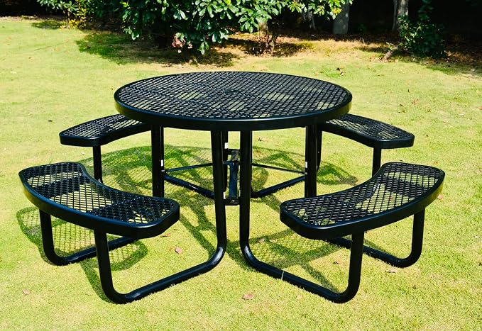 Heavy Duty 46" Steel Round Picnic Table, Expanded Metal Outdoor Table (Black)