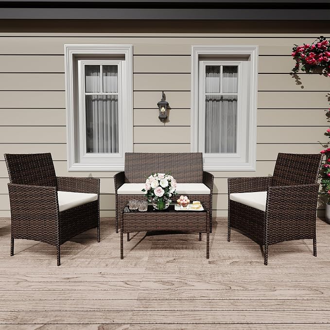 GAOMON 4 Piece Patio Furniture Set, Modern Patio Conversation Set with Glass Coffee Table, PE Wicker & Cushions for Poolside, Deck, Balcony, Brown & Beige