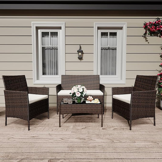 GarveeLife 4-Piece Patio Furniture Set, Rattan Outdoor Furniture with Upholstered Sofa, 2 Chairs & Coffee Table, Modern Conversation Bistro Set for Garden Backyard Porch (Brown and Beige)