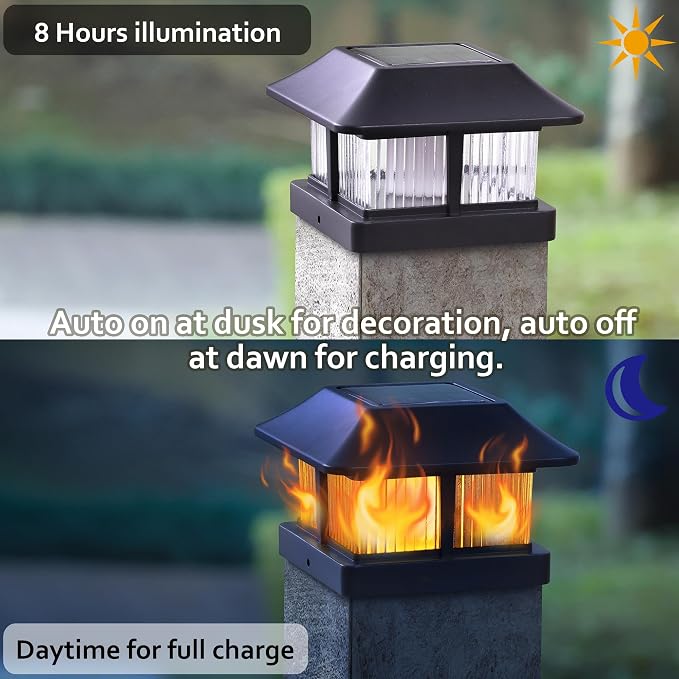 Dynaming 4x4 Solar Flame Post Cap Lights Outdoor, Solar Powered Fence Post Light, Flickering Flame LED Lantern Lamps Waterproof for Garden Deck Patio, Fit Wooden/Vinyl Posts, 12 Pack