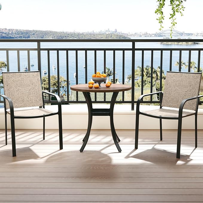Anmutig Outdoor Bistro Set for 2, Stackable Chairs & Metal Table, Beige | Weather-Resistant Textilene, Black Powder-Coated Steel Frame, Storage Shelf, Easy Assembly, Balcony, Deck, Poolside Use