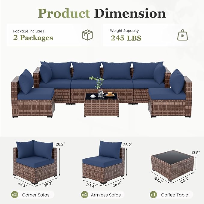 Amopatio Patio Furniture Set, Modular Outdoor Sectional 7 Piece Wicker Patio Set, Multiple Combinations Outdoor Furniture with Glass Coffee Table, Navy Blue