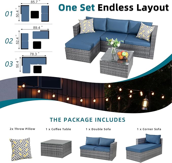 SUNLEI Patio Furniture Set with Detachable Soft Cushions, All Weather Outdoor PE Rattan Patio Conversation Sofa Set, Silver Rattan/Aegean Blue