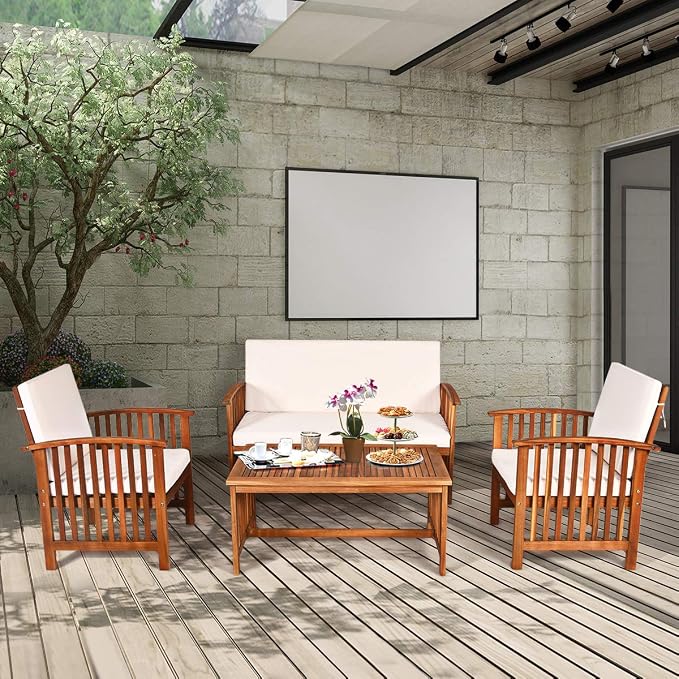 Tangkula Outdoor 4 Pcs Acacia Wood Sofa Set w/Water Resistant Cushions, Padded Patio Seating Chat Set w/Coffee Table for Garden, Backyard, Poolside (1, White)