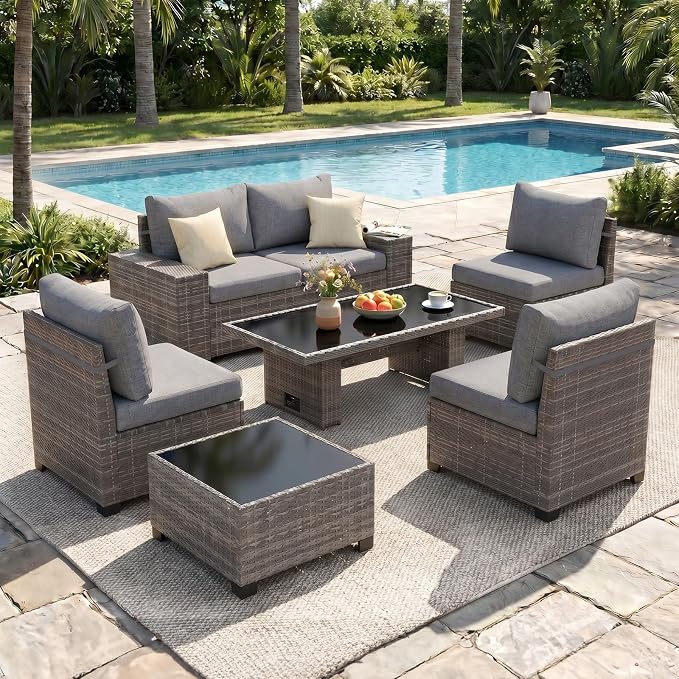 JOIVI 7 Piece Outdoor Patio Furniture Set with Adjustable Height Dining Table, Rattan Outdoor Sectional Sofa Conversation Set, PE Wicker L-Shaped Patio Furniture for Garden, Backyard, Deck, Gray
