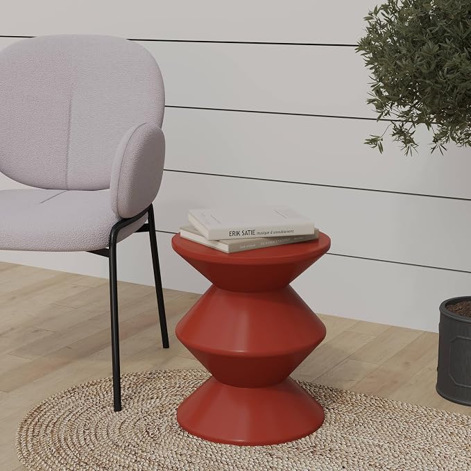 LeisureMod Aura Collection Modern Round Side Table - Brown ABS Plastic Double-Hourglass Pedestal - No Assembly Weatherproof Accent Furniture for Living Room, Patio & Outdoor Decor