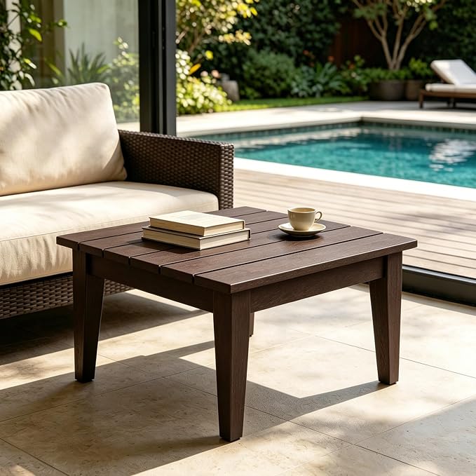 WestinTrends Ashore Outdoor Coffee Table, 32 Inch All Weather Poly Lumber Adirondack Patio Coffee Table Square Low Table, Dark Brown