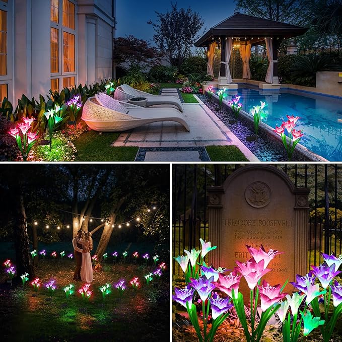 KOOPER Outdoor Solar Lights, 8 Pack Solar Garden Light with Bigger Lily Flowers, Waterproof 7 Color Changing Solar Lights Outdoor - Bigger Panel for Patio Yard Garden Decoration, Gift for Mom