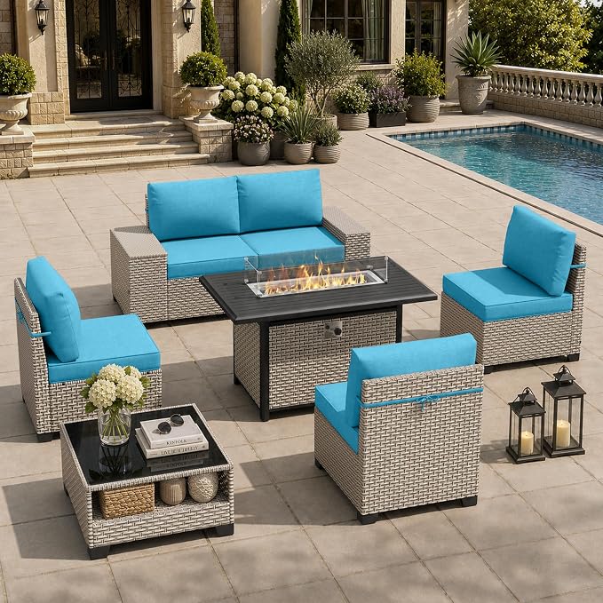 7-Piece Outdoor Patio Furniture Set with Fire Pit, Modular Sectional Sofa Set with Glass Coffee Table and Cushions, Wicker Outdoor Couch Conversation Sets, Turquoise