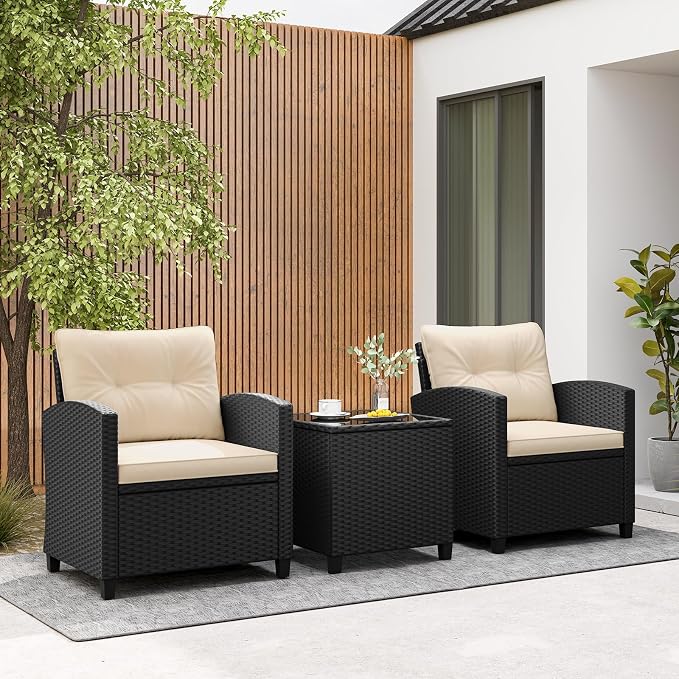 RELAX4LIFE 3-Piece Patio Furniture - Wicker Rattan Bistro Sofa Set w/Glass Top Coffee Table, Washable Cushions for Porch Balcony Backyard Poolside, Outdoor Conversation Set (Beige)