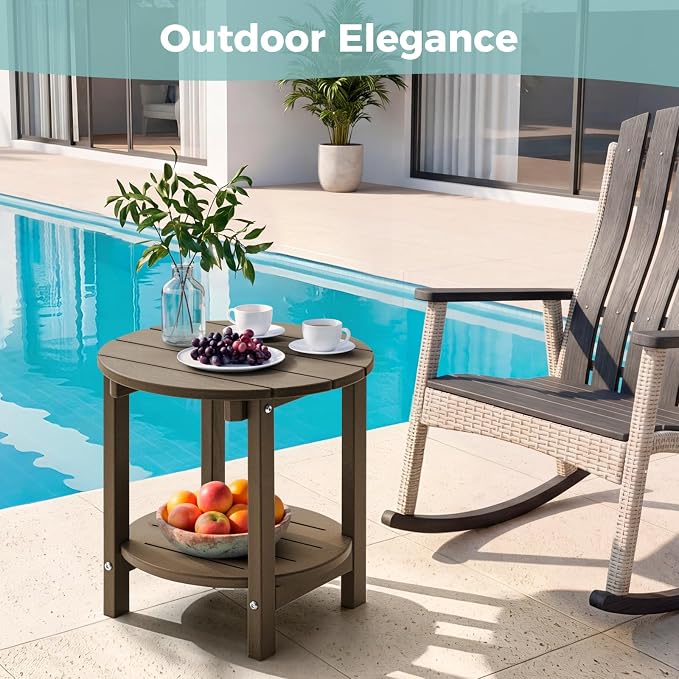 Outdoor Side Table, Adirondack Round 2-Tier Patio Table, Easy Maintenance & Weather Resistant, HDPE End Table for Backyard, Pool, Patio, Porch, Brown