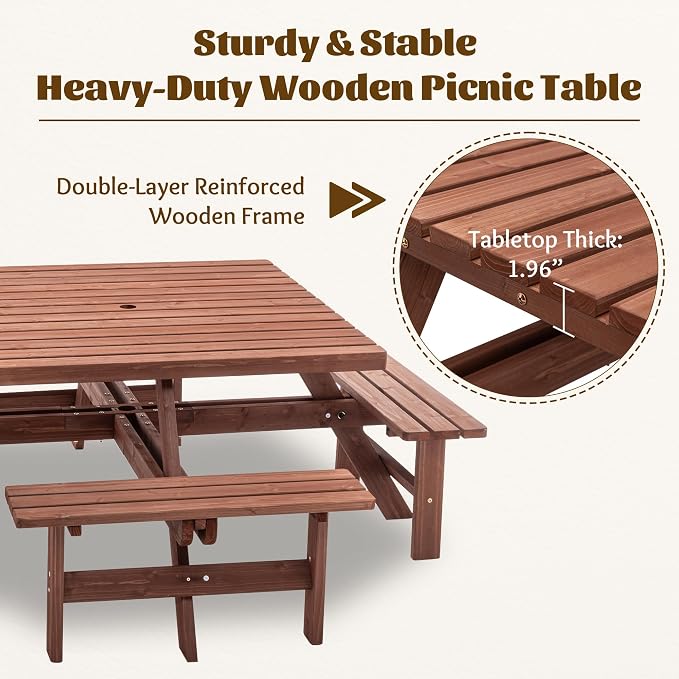 Wood Picnic Table Bench Set for 4-8 Person, Square Picnic Tables for Outdoor with Umbrella Hole and Benches, Outside Dining Table Patio Furniture Set for Garden, Backyard, Porch and Deck