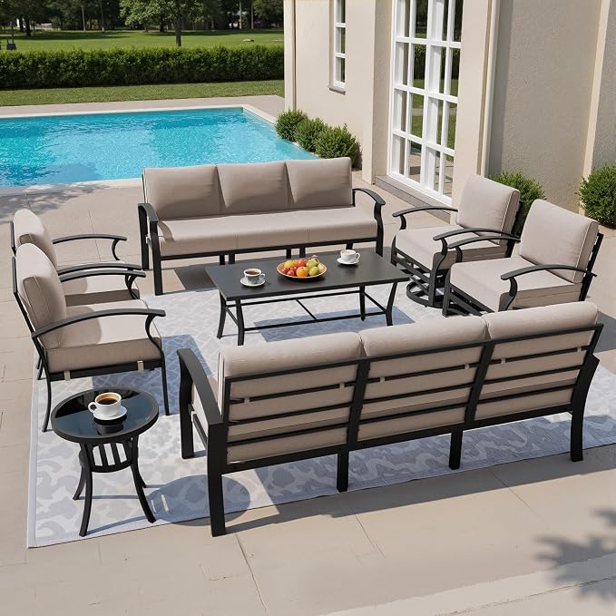 Kullavik Aluminum Patio Furniture Set,8 Piece Modern Metal Outdoor Patio Furniture w/5.1'' Thick Cushion,Swivel Chairs and Rectangular Coffee Table,Patio Conversation Sets for Porch,Deck,Sand