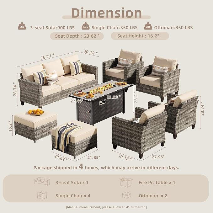 CAODOC 8-Piece Outdoor Wicker Patio Set with 9 Seats, Including 53" Fire Pit - Sectional Sofa and Conversation Set for Backyard or Lawn, Gray Rattan with Waterproof Beige Cushions