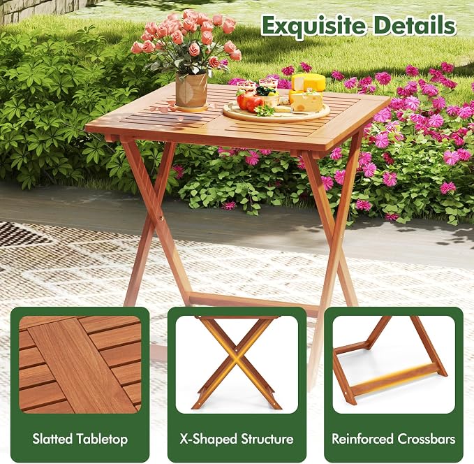 Folding Outdoor Dining Table, Solid Wood Bistro Tables with 2" Umbrella Hole, Square Foldable Patio Table for Porch Balcony Deck Garden Yard, Teak Oil Finish