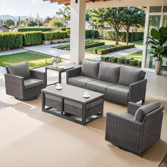 Belord 7 Piece Outdoor Furniture Patio Wicker Sofa Set, Oversize Outdoor Swivel Rocker Chairs with Rattan Ottomans, Conversation Sets Patio Furniture Come with Removable Washable