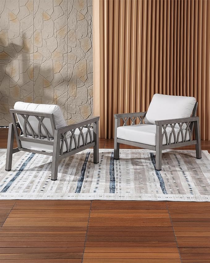 Outdoor Aluminum Armchairs Set of 2, Patio Sofa Chairs with Cushions, Deep Seating Outdoor Patio Club Chairs, Weather-Resistant Patio Furniture Set for Garden, Balcony, Limed Oak