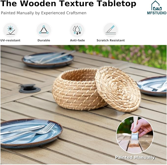MFSTUDIO Outdoor Dining Set for 6, Patio Dining Set with Umbrella Hole, 7 Piece Metal Patio Table and Chairs Set for Deck Backyard Poolside Garden