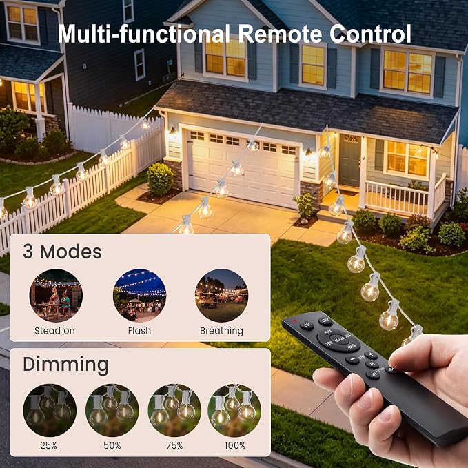 Outdoor-String-Lights with Remote 102FT Waterproof lights for Outside Patio | 1FT Bulbs Apart, White Cord String Lights, Connectable Dimmable Patio Lights with Remote,Timer, 3 Modes for Backyard,Bistro