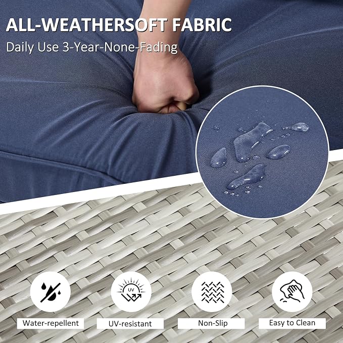 ANJ Outdoor Wicker Patio Chairs Set of 2, Modular Armless Patio Seating with Thick Cushions, All-Weather Rattan Conversation Chair Set for Porch, Balcony, Garden, Backyard, Light Grey Wicker-Blue