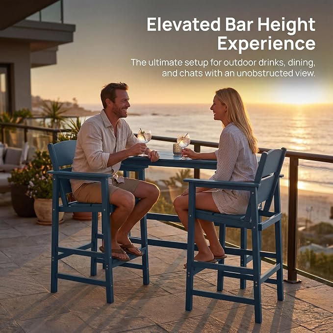 4 Pack HDPE Outdoor Bar Height Chairs, 28.5" All-Weather Patio Stools with Comfortable Armrests, Heavy-Duty Poly Wood High Top Seating for Outdoor Kitchen/Garden/Fire Pit/Backyard, Blue
