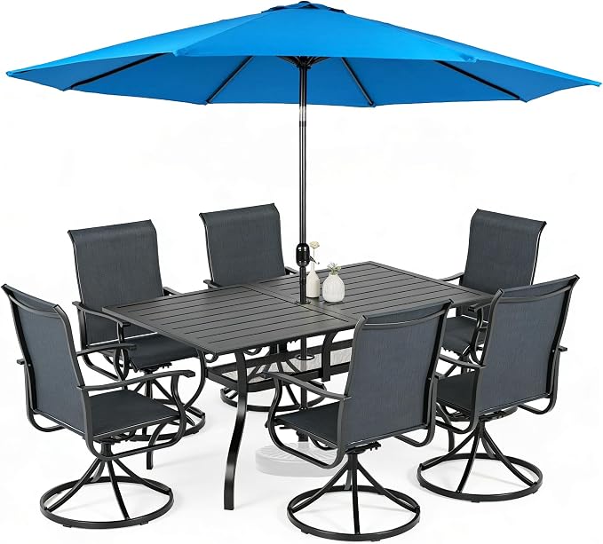 SUNCROWN 8-Piece Outdoor Dining Set, All Weather Patio Furniture Sets with 6 Black Swivel Textilene Mesh Chairs & Rectangular Metal Table & 1 Light Blue 9Ft Umbrella for Garden Backyard Poolside