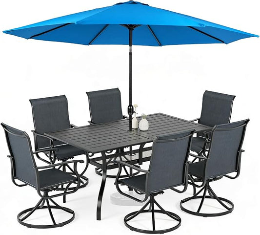 SUNCROWN 8-Piece Outdoor Dining Set, All Weather Patio Furniture Sets with 6 Black Swivel Textilene Mesh Chairs & Rectangular Metal Table & 1 Light Blue 9Ft Umbrella for Garden Backyard Poolside
