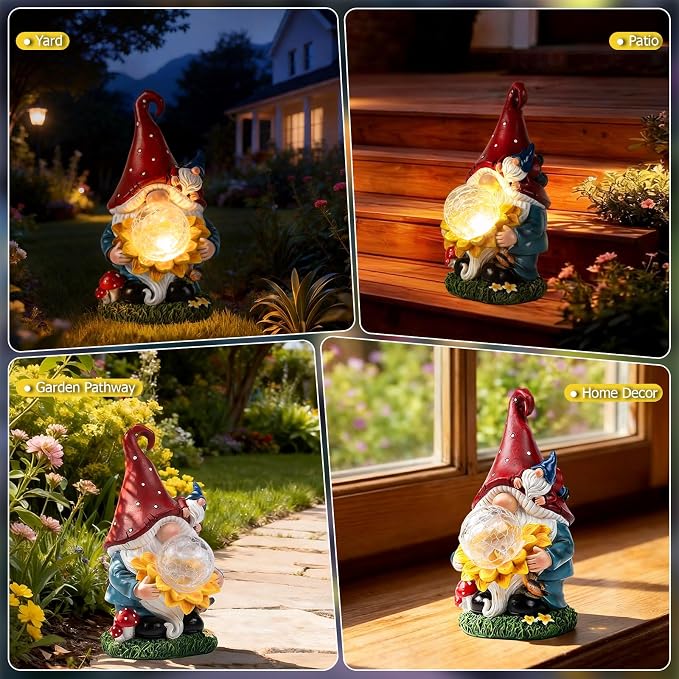 Solar Gnomes Garden Decor Outdoor Statues, Christmas Gnomes Gardening Gifts for Women Mom, Gnomes Decorations for Yard with Sunflower Decor Solar Lights for Outside, Patio, Lawn, Porch Decor