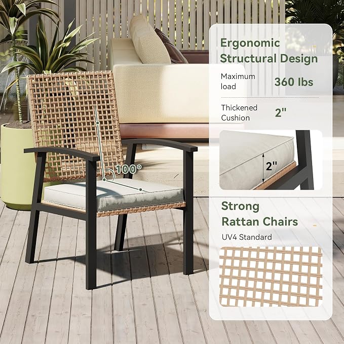 Aoxun 5-Piece Patio Table and Chairs Set for 4 with Umbrella Hole, Outdoor Dining Set with 6 Wicker Chairs and 1 Rectangular Metal Table, Patio Dining Sets with Soft Cushion for Backyard, Garden
