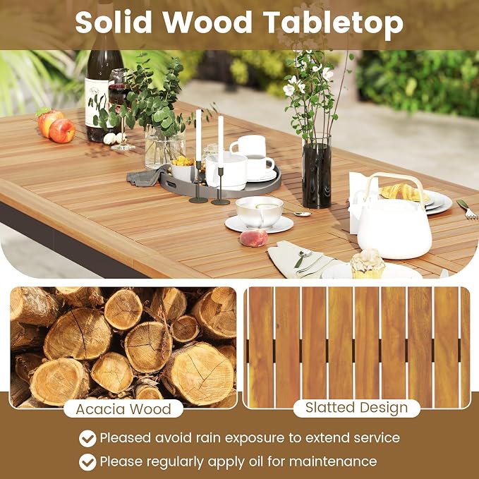 HAPPYGRILL Patio Dining Table for 8, 79" Large Rectangle Table with Acacia Wood Tabletop & Heavy Duty Metal Frame, Outdoor Dining Table with 2" Umbrella Hole for Backyard, Lawn & Garden